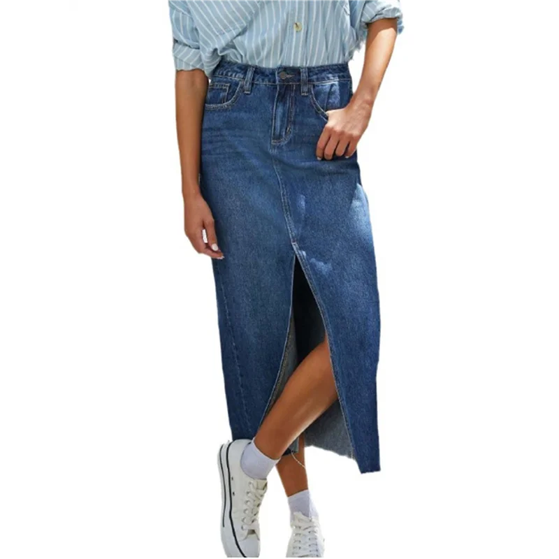 

CYL-женская джинсовая юбка, эластичная джинсовая юбка-миди с высокой талией и потертым необработанным подолом, с карманами