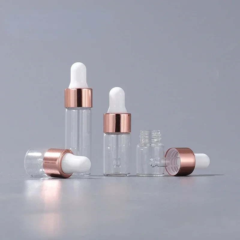 10/20 pçs mini garrafas conta-gotas de vidro vazio óleo essencial aromaterapia garrafas rosa ouro tampa pipetas garrafas 1ml 2ml 3ml 5ml