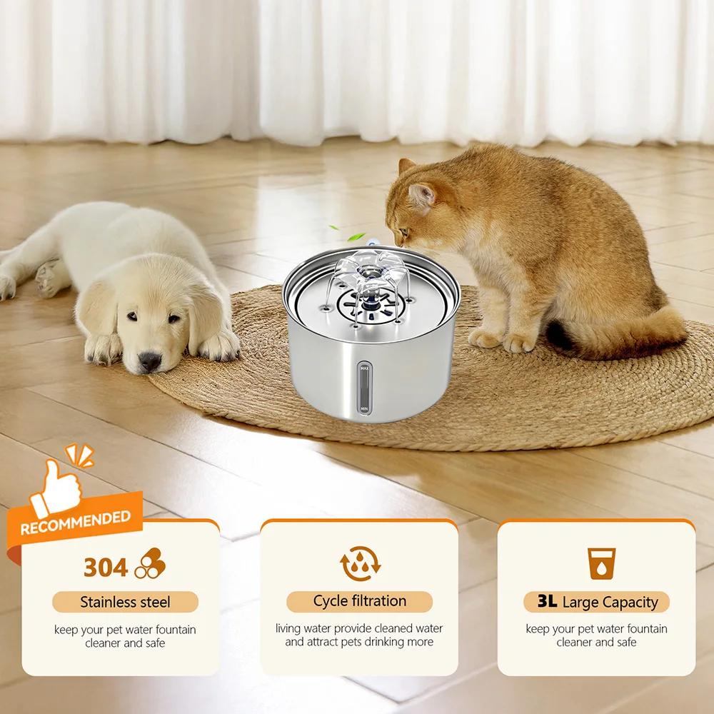 

3L Cat Drinking Fountain Automatic Stainless Steel Pet Cats Water Dispenser Ultra-quiet Pump Drink Foutain For Multiple Pets