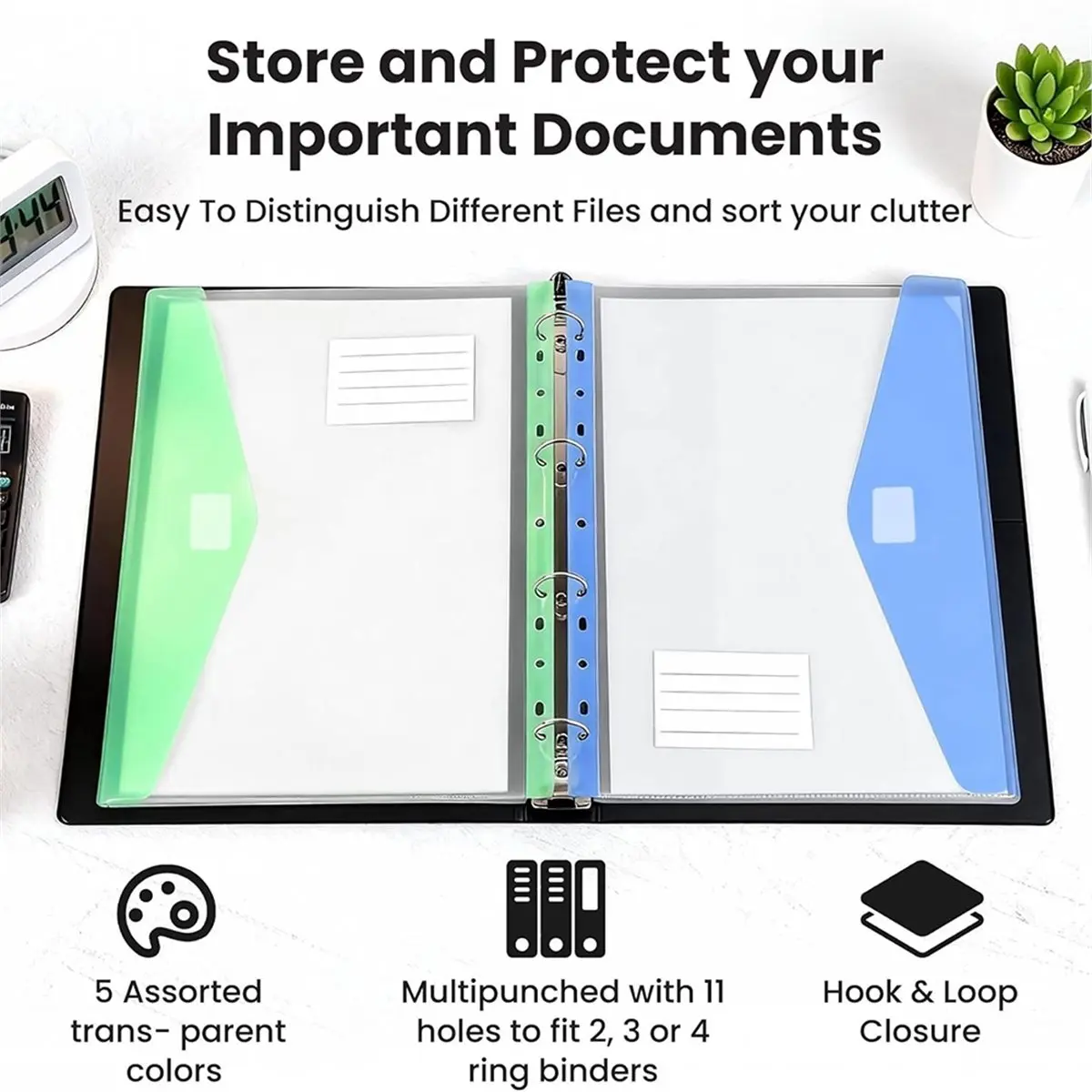 2026 New 11-Hole Binder Pockets,Fits Letter / A4 Size for 2/3/4 Ring Binder,Plastic Expanding File Folders,200-Sheet Capacity