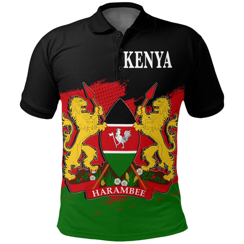 3D Printed Kenya Map Flag Polo Shirts For Men Africa National Emblem Pattern Short Sleeves Casual Lapel Top Patriotic Streetwear