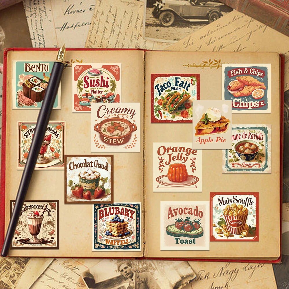 50 stücke Retro Lebensmittel Kuchen Nudel Aufkleber Aufkleber Für Laptop Sammelalbum Koffer Kühlschrank Gitarre DIY Cartoon Ästhetische Aufkleber – Detail 9