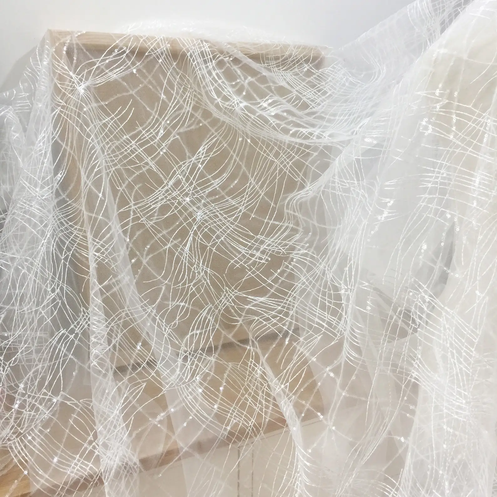 Clear squin wave tulle embroidery lace fabric for wedding gown lining , bridal veil lace fabric by yard