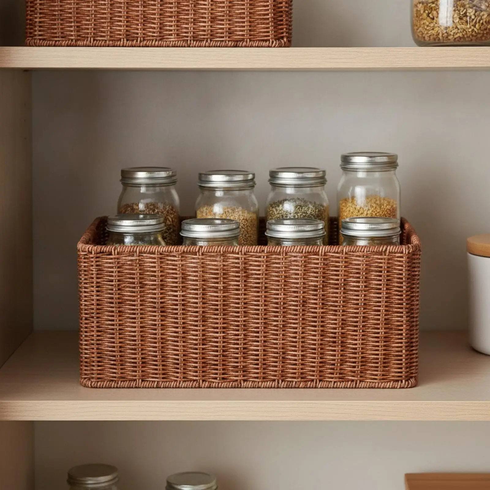 Rattan Style Plastic Storage Basket for Living Room Nursery Cabinet Organization Walnut Finish 43x30x18cm Bin