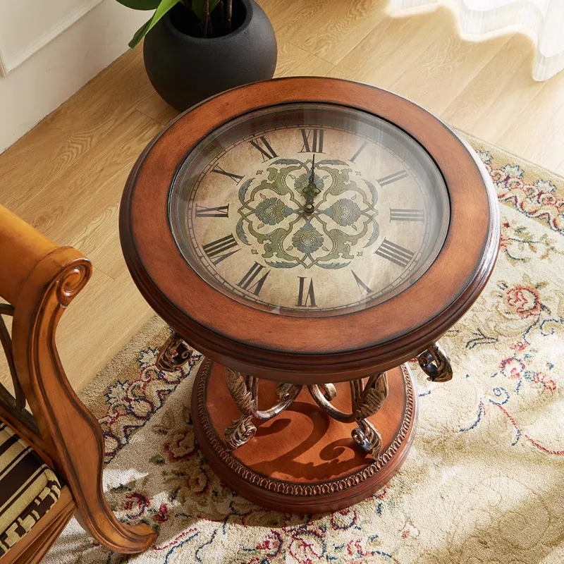 Caramel color American sofa edge few European solid wood small round table painted corner few metal retro coffee table