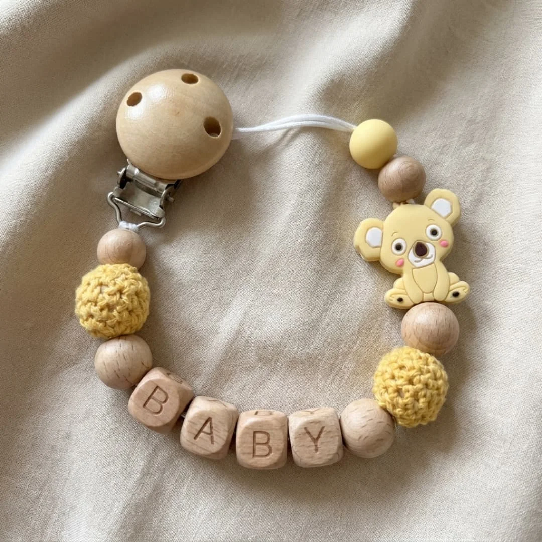 Personalized Baby Pacifier Clip Custom Name Wooden Teether Chain Yellow Koala Silicone Crochet Beads BPA Free Dummy Holder Gift