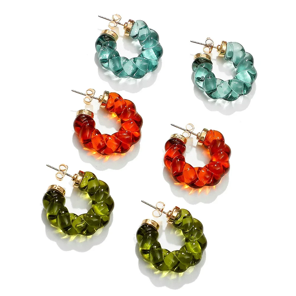 

Minar INS Hot Clear Blue Green Red Color Resin Twisted C Shape Hoop Earrings For Women Gold Plated Stainless Steel Earring