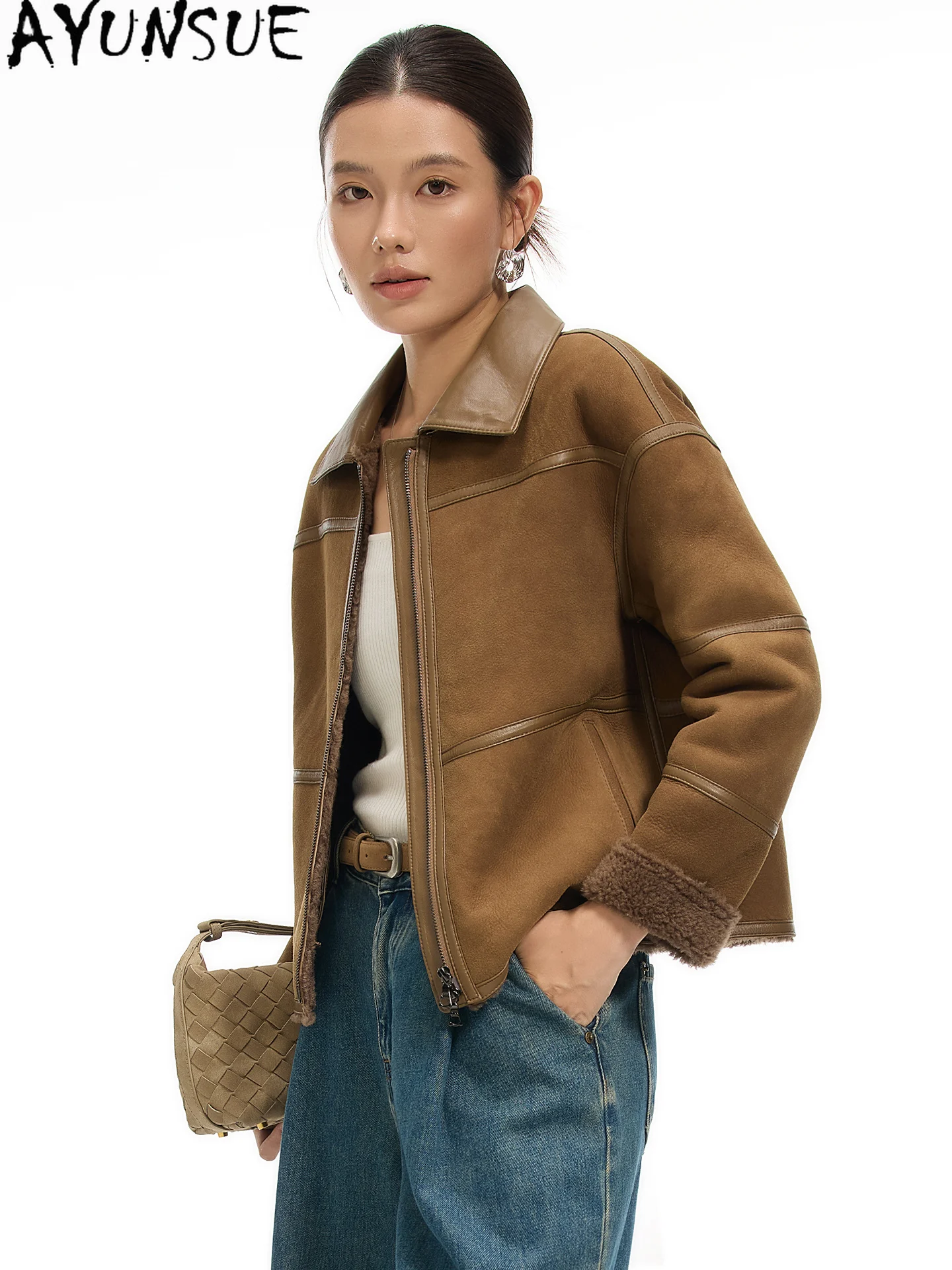 معطف فرو الأغنام ميرينو الطبيعي من AYUNSUE جاكيت نسائي من الجلد الطبيعي 2025 معاطف نسائية من صوف الضأن الدافئ ملابس شتوية Schubuk Жénska #3