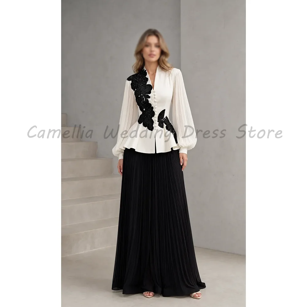 Women Black White Two Piece Dress V Neck Pleated Sleeve Lace Applique Peplum Top Long Pleated Skirt Mother Of Bride Evening Gown