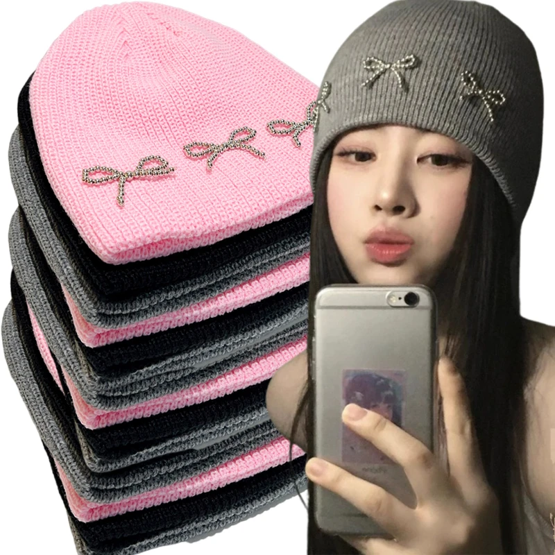 Corea Ins Bowknot perla cappelli lavorati a maglia Angora pelliccia di coniglio Y2K cappello invernale donna ragazze soffici berretti caldi peluche