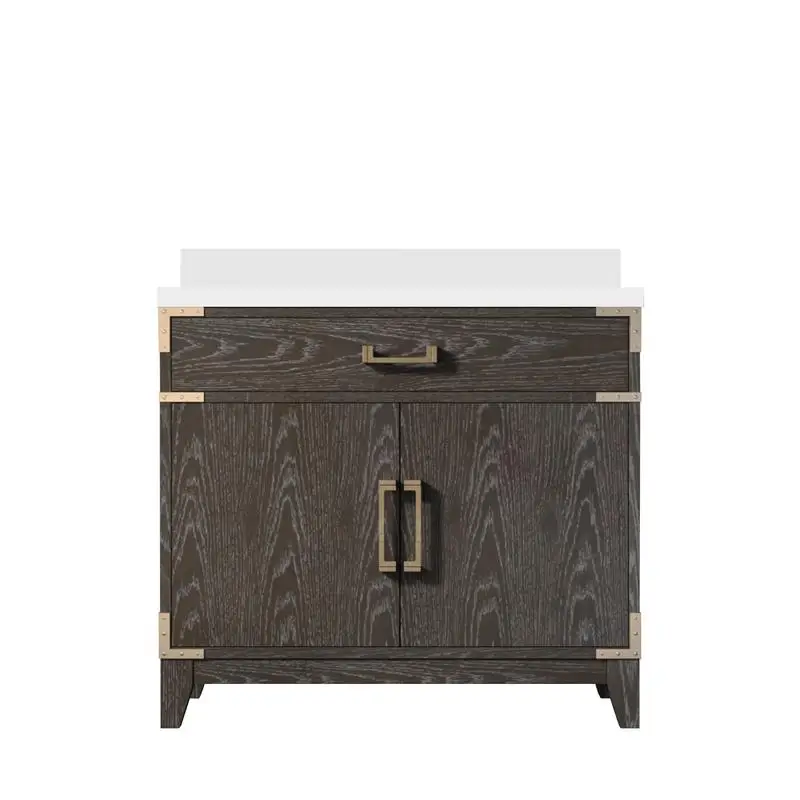 Vanity da bagno singolo in quercia marrone da 36 pollici con piano in marmo coltivato, profondità 22", design moderno per bagni eleganti