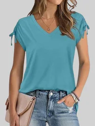 V-Neck Solid Color Top Women's Summer Drawstring Short Sleeved Casual Pullover T-Shirt