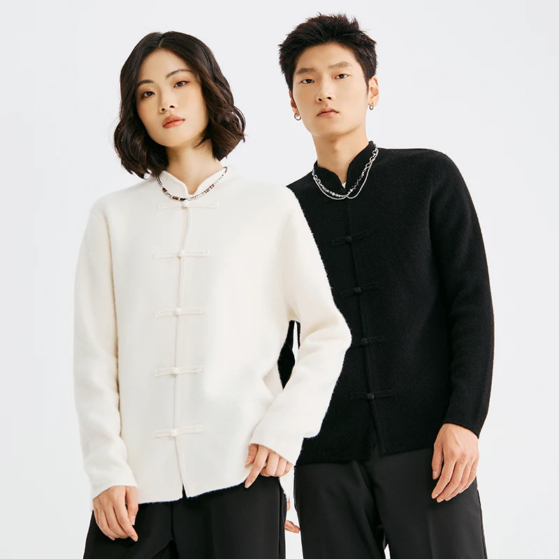 New Chinese Style Couple Style 100% Merino Wool Sweater Stand Collar Long Sleeve Cardigan Autumn And Winter Clothes Fashion Top