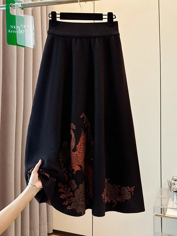 

High Waist Knitted Fce Yarn Midi Skirt for Women Autumn Winter Sle Slimming Versatile Knee Length Casual A-Line Skirt