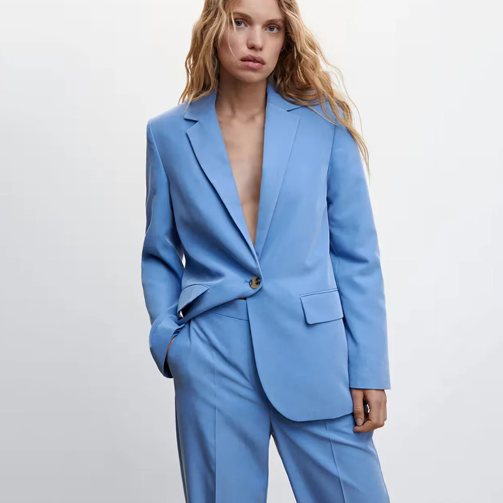 Graceful Blue Notch Lapel Suits For Women Casual Single Breasted 2 Piece Daily Interview Business Speech Outfits Jacket Pants