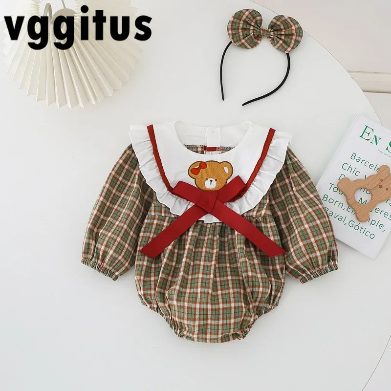 

Twin Girls Parent-child Clothing Spring Autumn Cartoon Bear Bow Jumpsuit Plaid Long Sleeve Dress Family Matching Outfits H7701