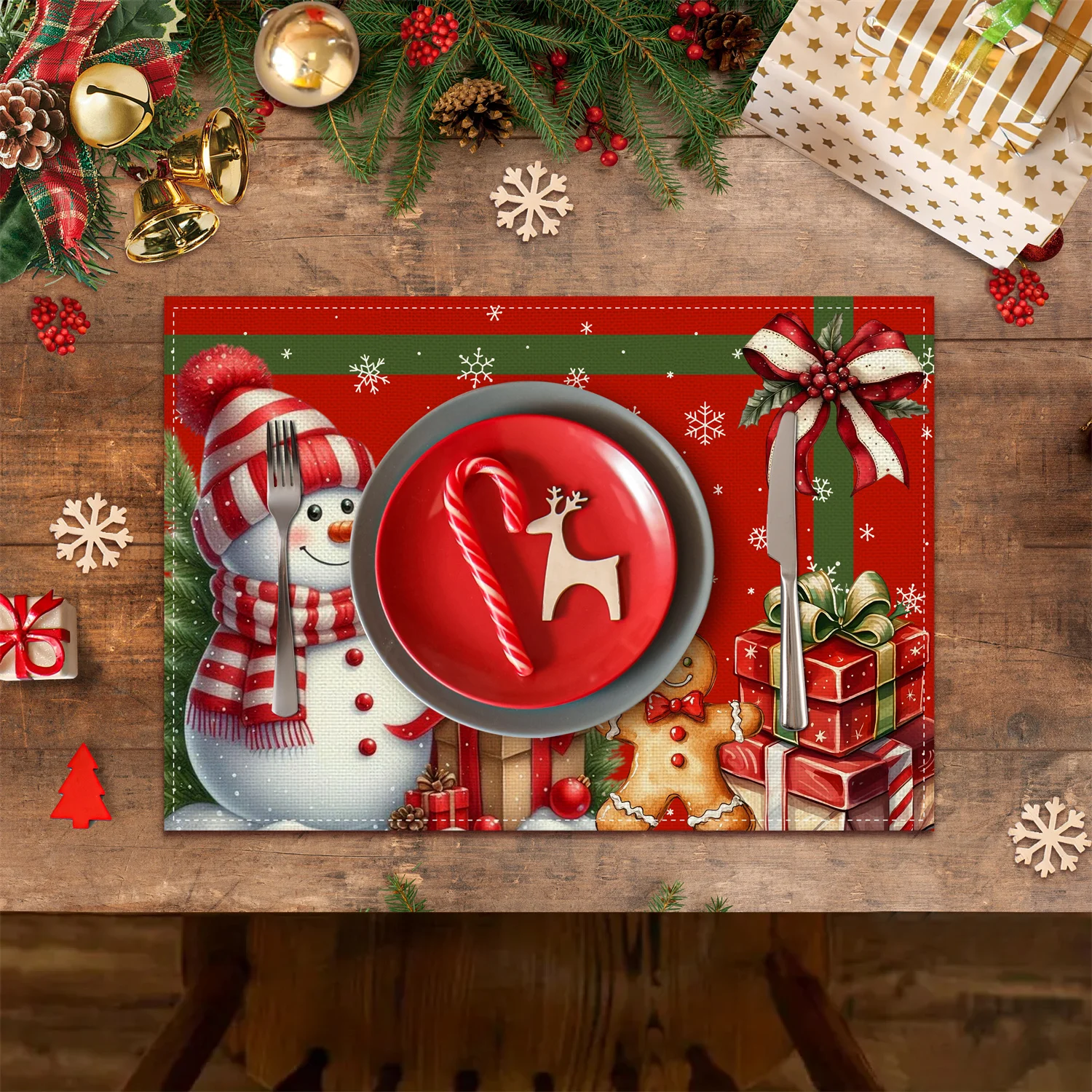 2pc Holiday Christmas Placemats With Polka Dot Snowman And Gingerbread Man DesignFeaturing Red Birds And SnowflakesPerfect For H
