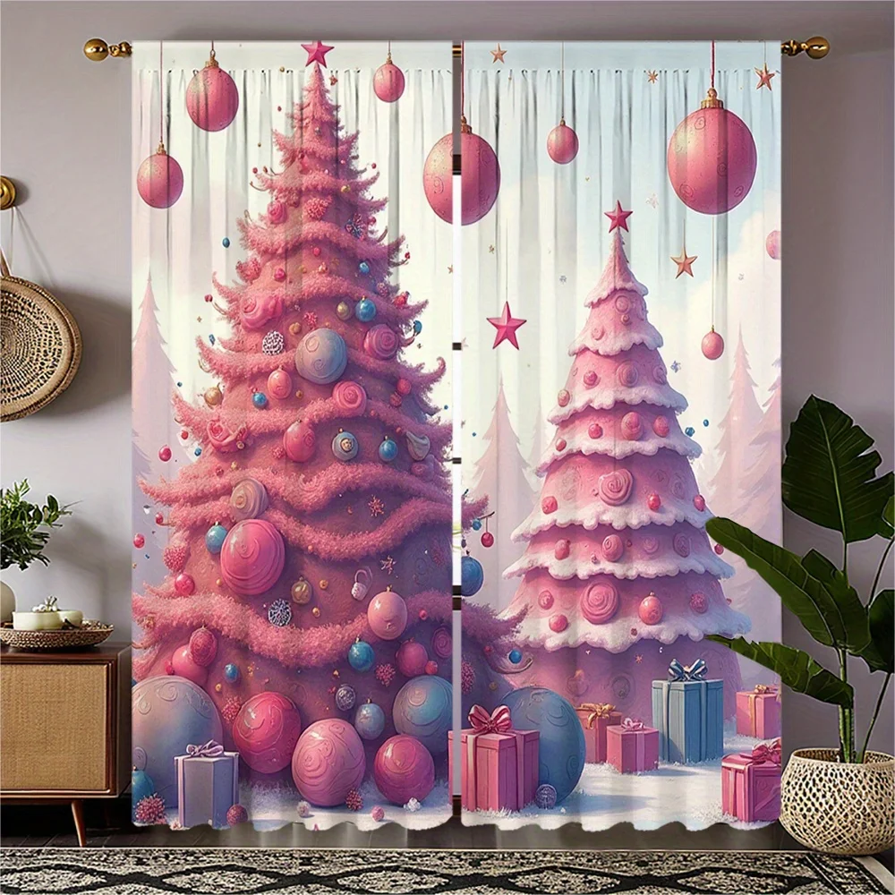 2pcs Festive Christmas Curtains - Pink & White Snowman & Tree Design, Semi-Transparent Polyester, Rod Pocket Style, Machine Wash