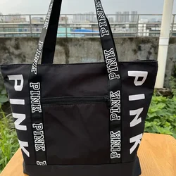 Colorblock Nylon Pink Letter Graphic Casual Sports Fitness Tote Handbags