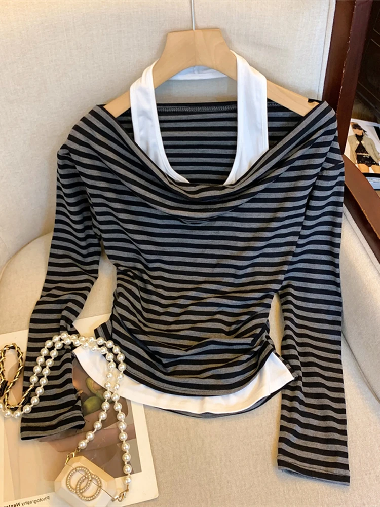 

High-End Retro Striped Women's T-irt from Guangzhou Thirteenth Fac Autumn Season Base Layer Top Casual Sle Long Sve