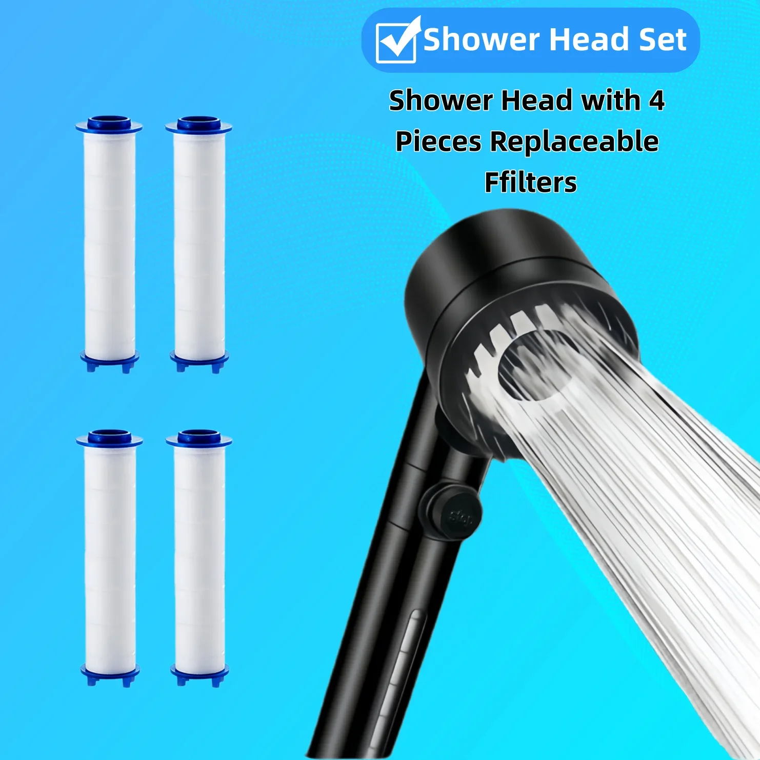 Black High Pressure Handheld Shower Head with Filter Window 4/8/12/20 PCS Replacement Cartridges Included for Bathroom