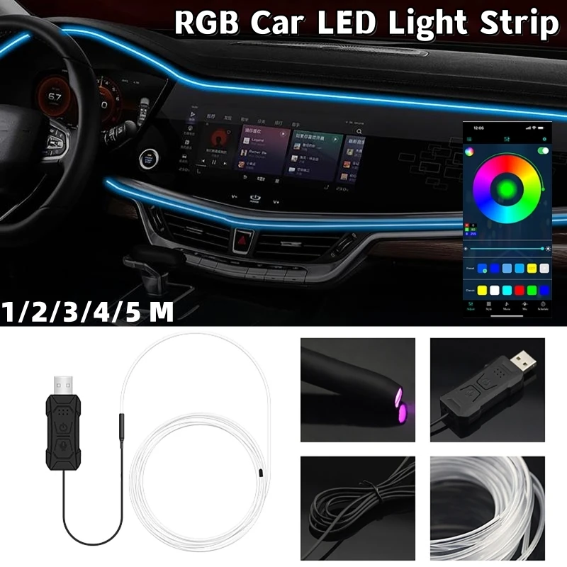 1/2/3/4/5M RGB LED64 Colorful APP Controlled Car Central Atmosphere Light Ambient Neon Lamp Flexible USB Decorative Light Strips