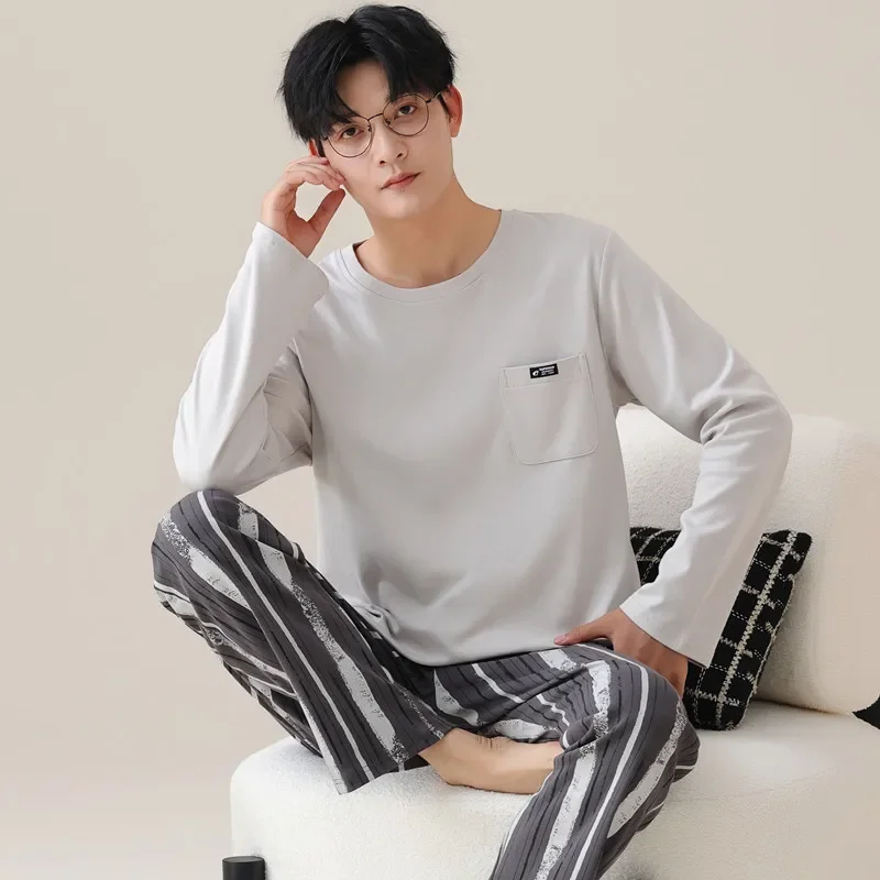 High Quality Pajamas Suit Men Pure Cotton Long-sleeved New Simple Design Sleepwear Male Korean Style 100%Cotton Loungewear Gents