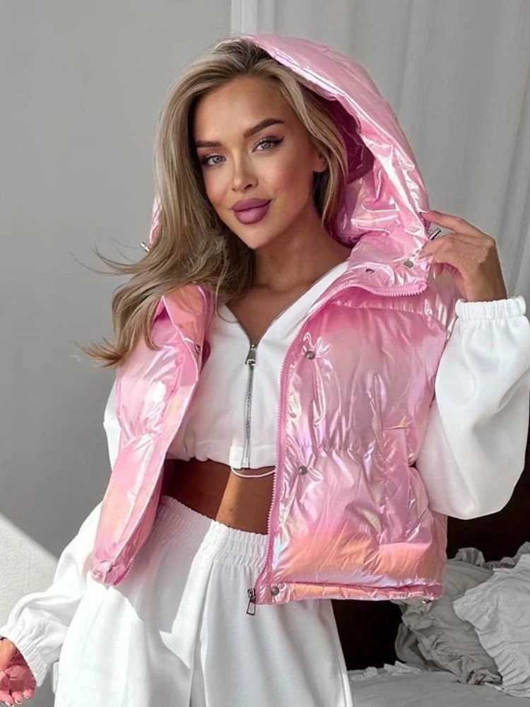 

FDYOUI 2025 Autumn Winter Padded Vests for Women Hooded Zip-up Sleeveless Jackets Female Pockets Warm Waistcoat Tops Streetwear