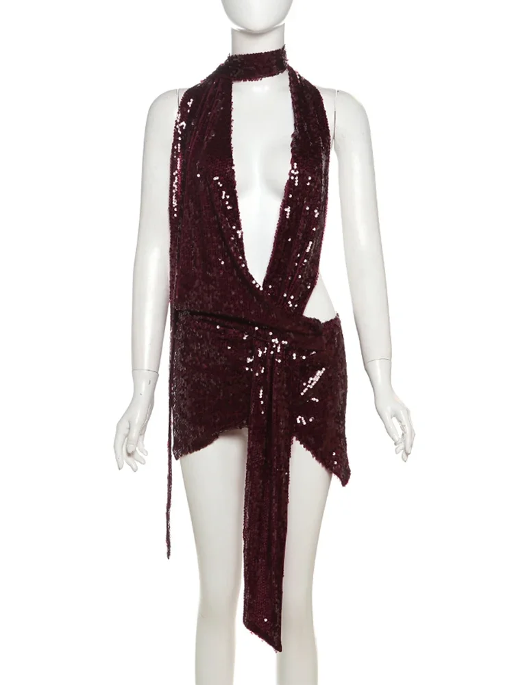 Sisterlinda Sequin Halter Mini Dress Sexy New Shiny Stunning Irregular Backless Low Neck Bodycon Mujer Coquette Nighout Clubwear