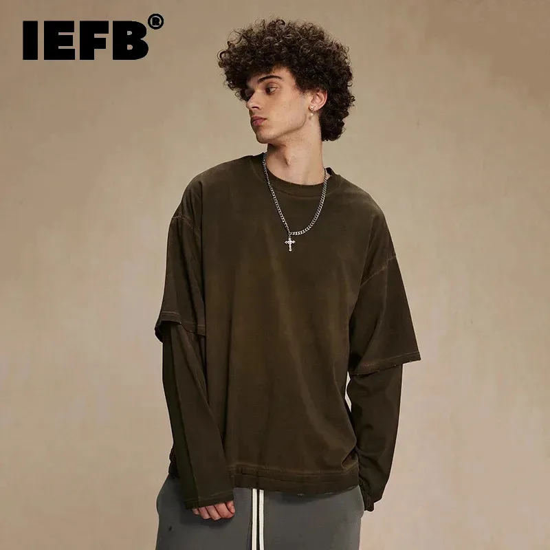 IEFB American Style Men's T-shirts Long Sleeve Round Collar Wshing Fake Two-piece Design Solid Color Loose Male Tees New 9W118