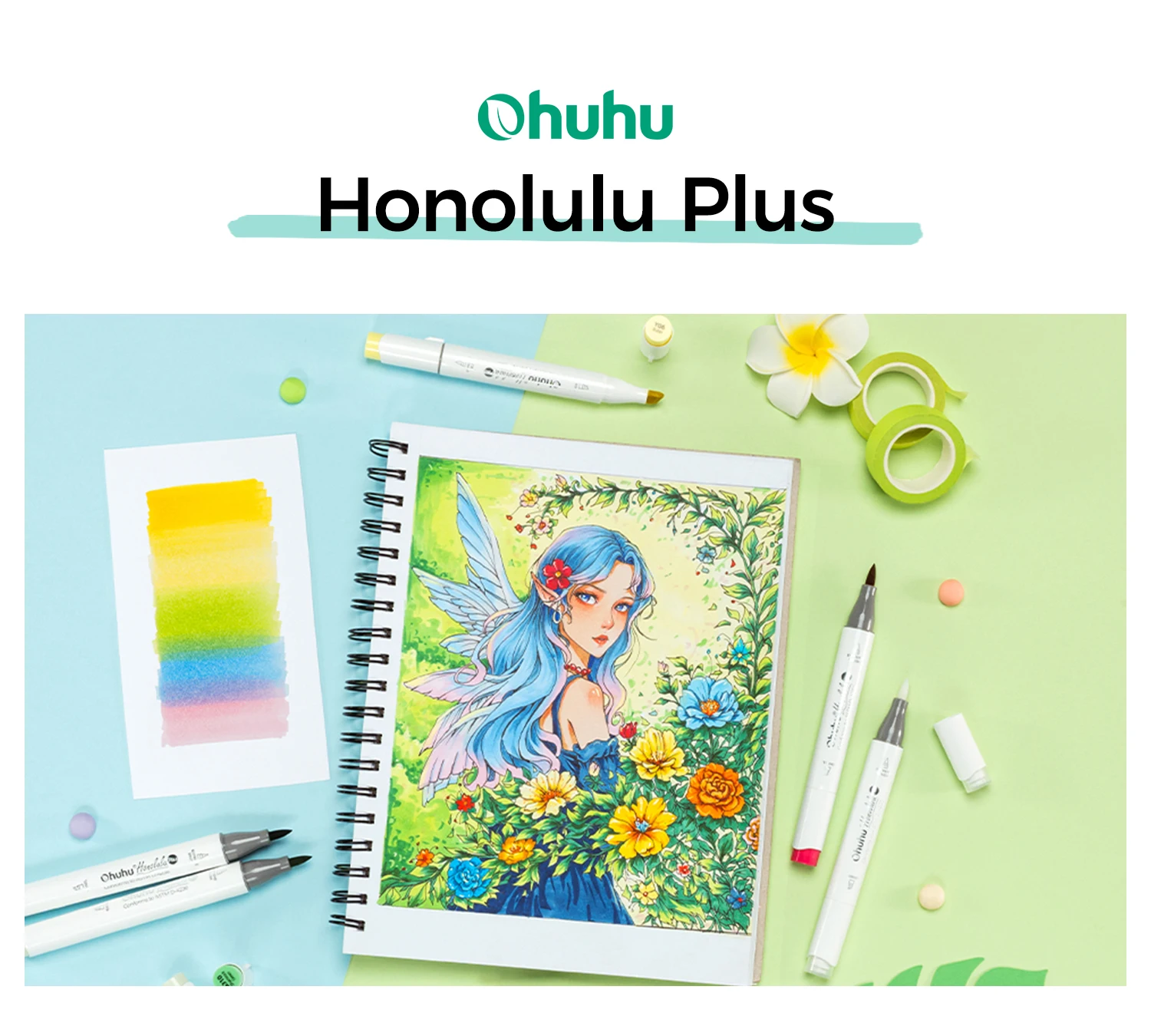 Ohuhu Honolulu Plus 24 Colors Alcohol Markers Double Tipped Art Marker Set Refillable Marker Pen Coloring Illustrations Drawing