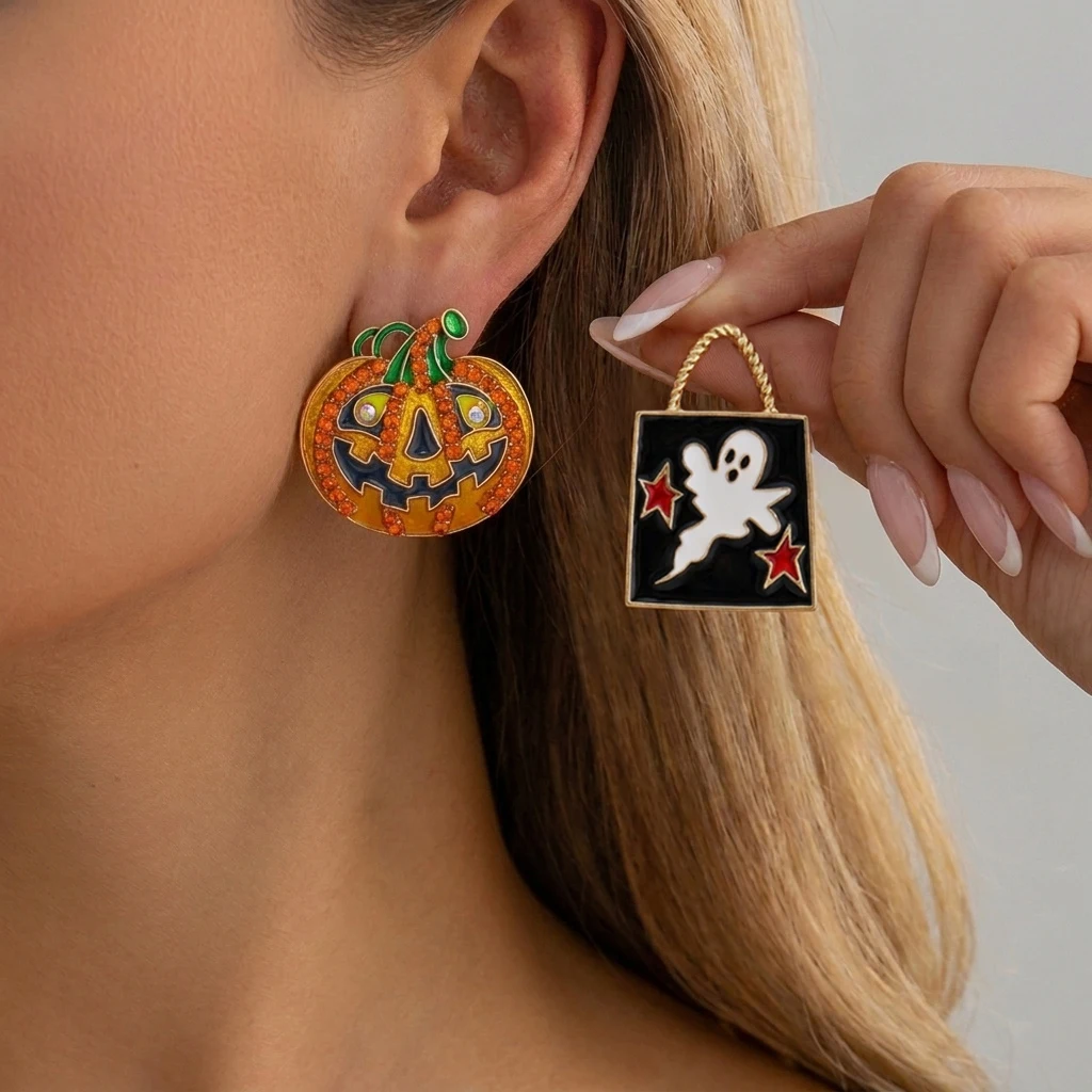 Asymmetrische Kürbis-Geister-Ohrstecker für Damen, Halloween-Emaille-Geister-Einkaufstaschen-Form-Hängeohrringe, Festival-Cosplay-Schmuck – Detail 1
