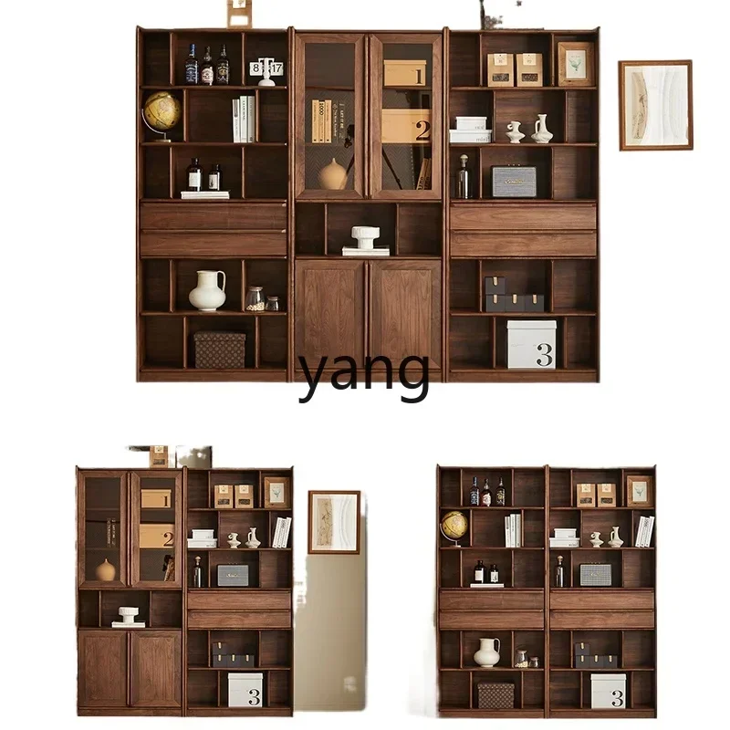 LM black walnut bookcase with glass door home living room open storage compartment solid wood shelf