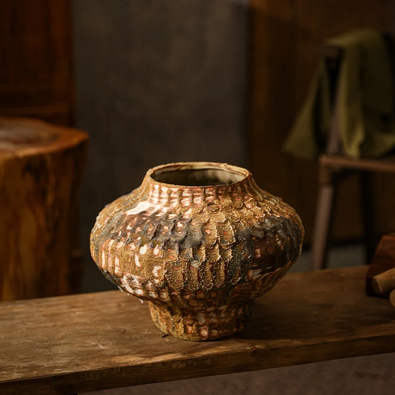 Retro ceramic vase old handmade flower ware coarse pottery flower pot study countertop ornament