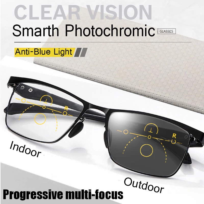 

Photochromic far and near dual-use reading glasses men's progressive multi-focus business glasses anti-blue light full frame