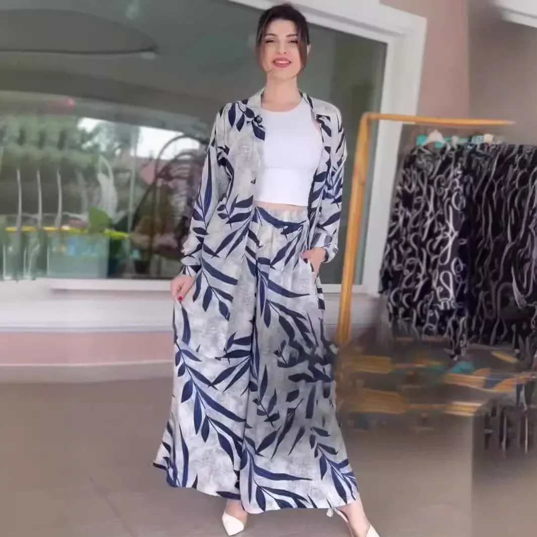 

Tracksuit Pant Sets Long Sleeve Blouses Single Breasted Wide Leg Pants Women Matching Sets Pockets Casual Print Loose 2024