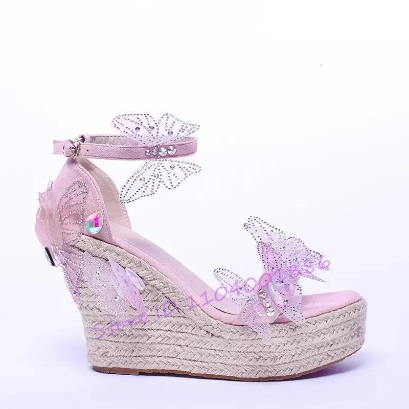 

Милые розовые босоножки на танкетке с бабочкой для женщин, летние тканые непромокаемые туфли на платформе и высоком каблуке, пляжная женская обувь для отдыха и вечеринки