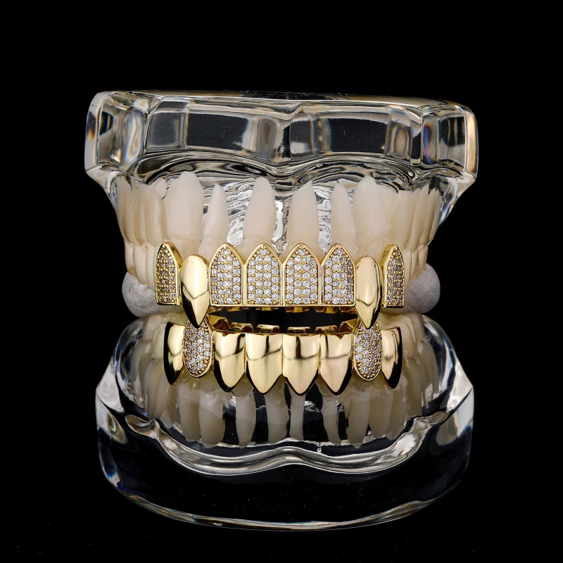

High-End Luxury Fashion Glossy 8/8 Zircon Teeth Grillz Fangs Hip Hop CZ Stone Tooth Caps For Women Men Jewelry Halloween Gifts
