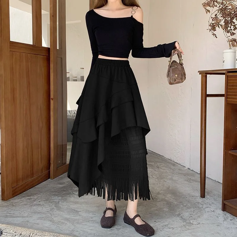 レトロスエードイレギュラー2025秋フリル付きハイウエストレーススプライシングスカート