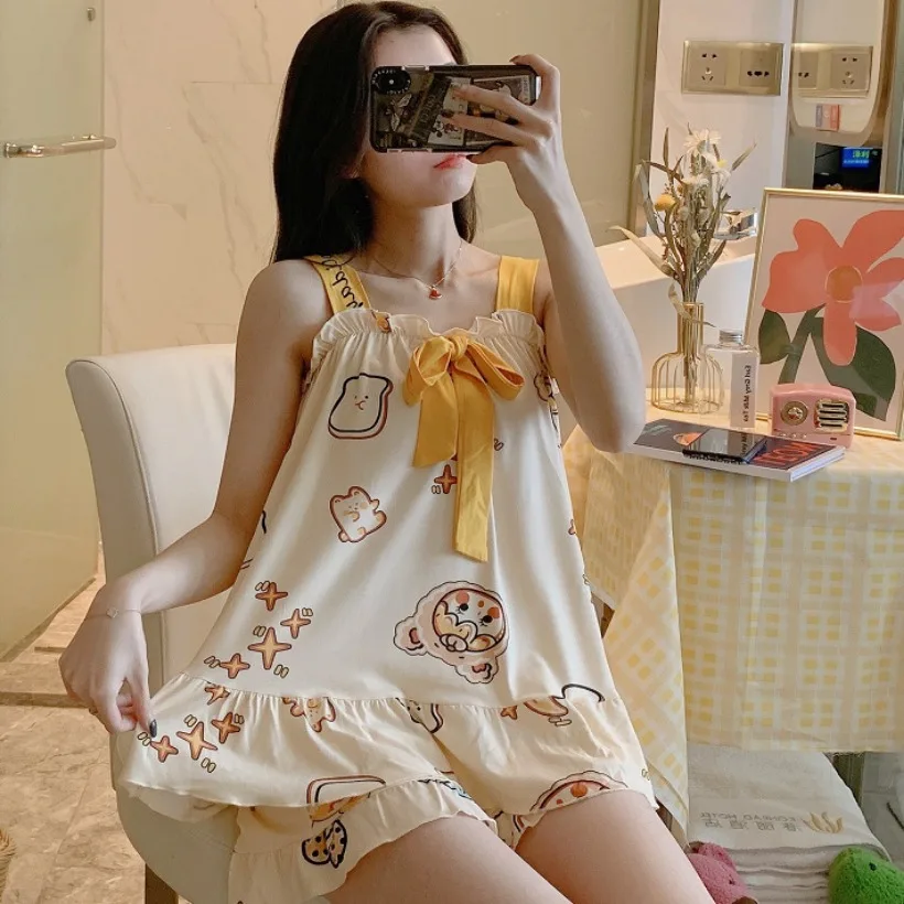 

Kawaii пижамный комплект на бретельках для женщин, летний топ без рукавов с шортами, одежда для сна, домашняя одежда, милая домашняя одежда