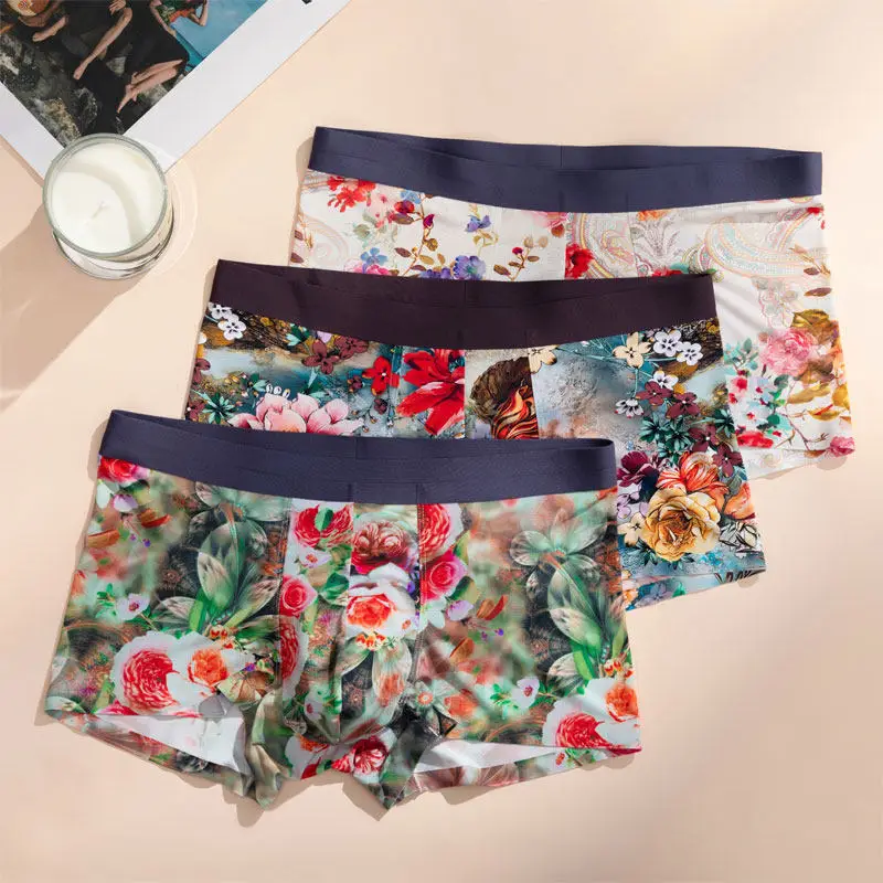 

Seamless Boxer Briefs for Men Ice Silk Floral Printing Underwears U Pouch Mens Boxers Fashion Thin Loose-fitting Panties Summer