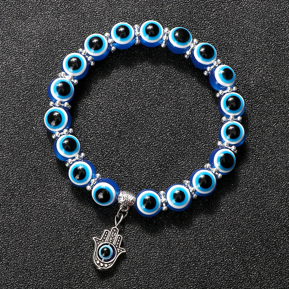 New Turkish Evil Eye Fatima Hand Charm Bracelets Women Men Elastic Bracelets Turkey Thousand Eyes Resins Beads Bangles Jewlery