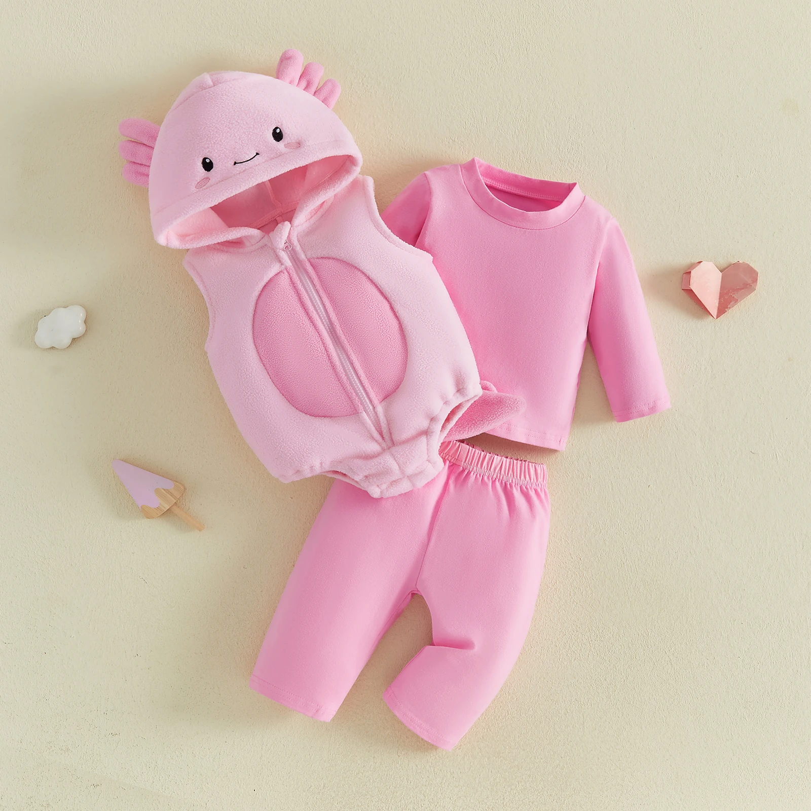 0-18M Newborn Baby Girl 3pcs Clothes Sets Pink Solid Color Long Sleeve Tops + Long Pants + Fleece Dinosaur Romper Funny Outfits