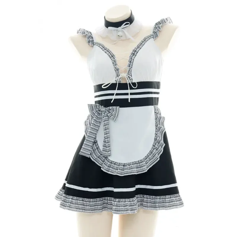 New Two-Dimensional Sexy Suit Maid Costume Japanese Bell Neck Decoration Low-Cut Hollow Cross-Lace Cosplay Fake Two Clothes