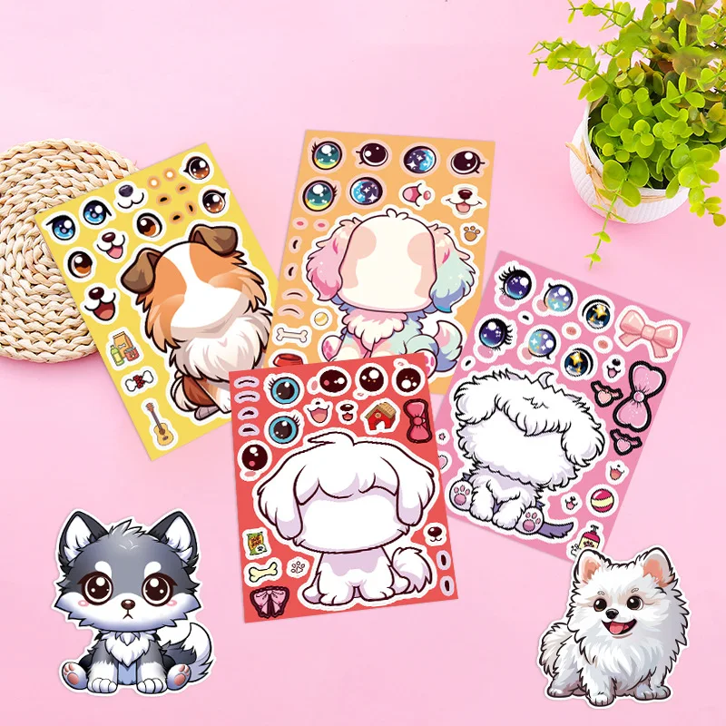 8/16 hojas de pegatinas de rompecabezas de perro lindo cachorro de dibujos animados divertido garabatos hacer una cara calcomanía DIY portátil bicicleta funda de teléfono pegatinas juguete para niños