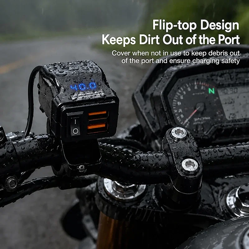 New Motorcycle USB Fast Charger Dual Ports USB Socket Power Supply Adapter with Voltmeter Waterproof 12V-40V Wide Voltage Input