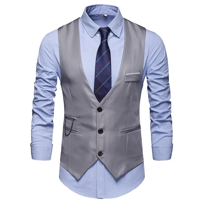 Summer New Men\'s Solid Color Suit Vest British Slim-Fitting Waistcoat Single Row Three Buckle Vest