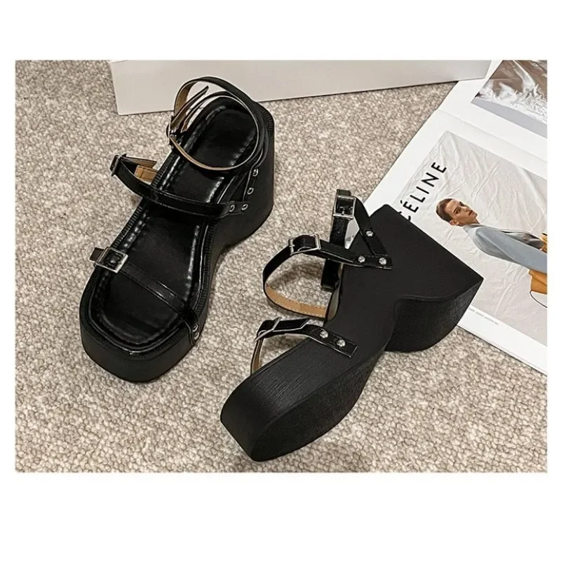 Summer Women Sandals Platform Chunky Heel Flat Metal Buckle Female Shoes Ladies Peep Toe Mujer Casual Daily Slingback Footwear