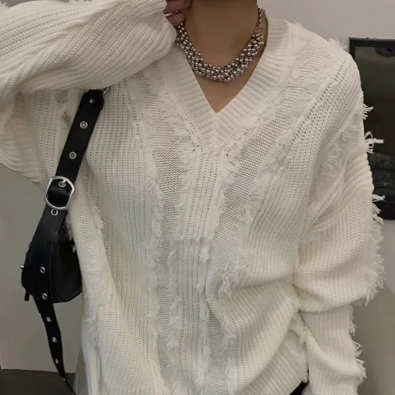 Deeptown V Neck White Women\'s Sweater Oversize Knitwear Long Sleeve Pullovers Spring Jumper Streetwear Korean Popular Fashion