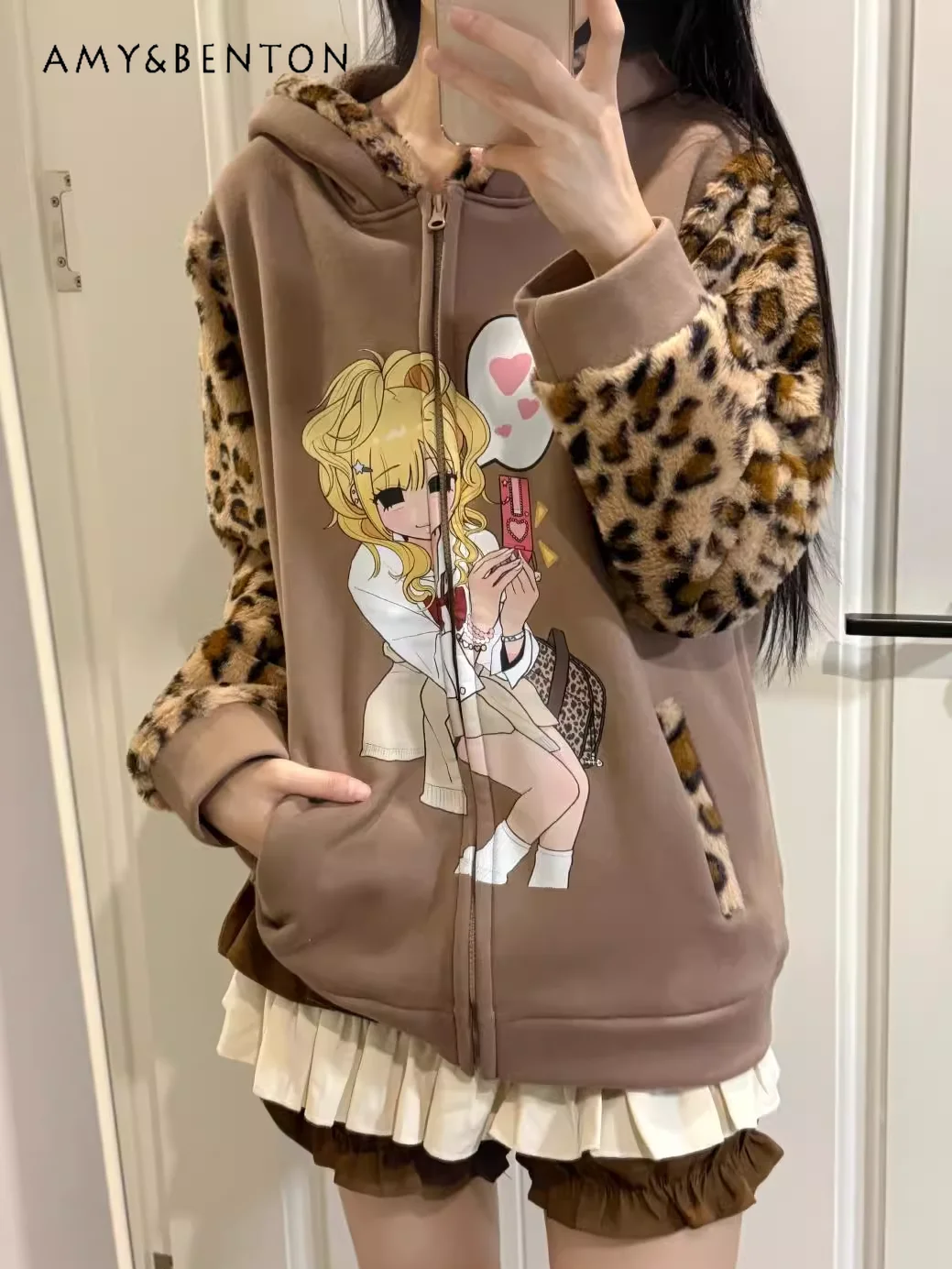 Original Leopard Print Brown Spice Girl Anime Print Plush Hoodies Women Subculture Girl Casual American Oversized Zip Up Hoodie